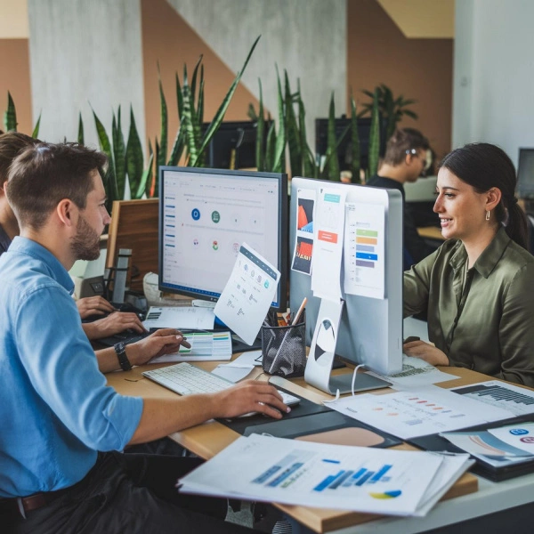 Business team working together at office workstations.