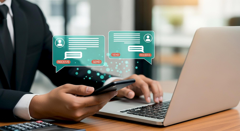 Business professional using a smartphone and laptop with digital messaging icons representing business SMS and communication solutions by SMS Software Solutions.