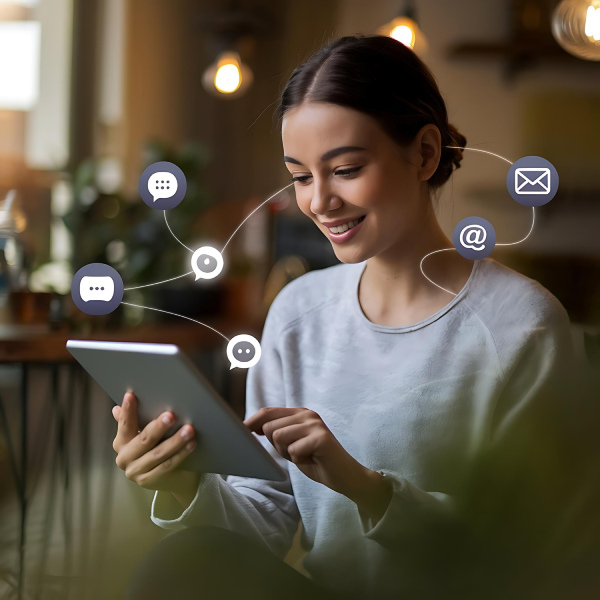 Customer using a tablet with messaging, email, and communication icons representing digital customer support solutions by SMS Software Solutions.