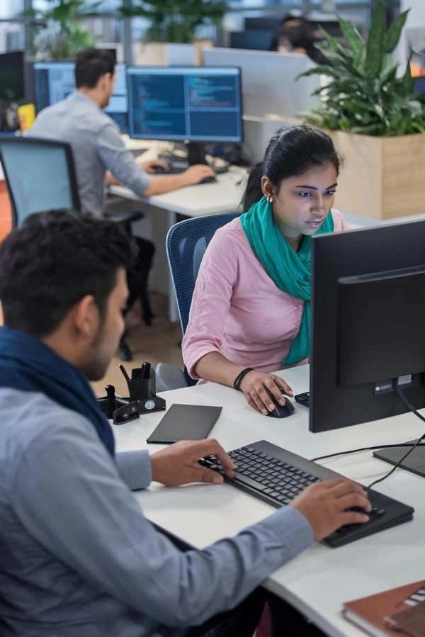 Software developers working at desktop computers in an office.