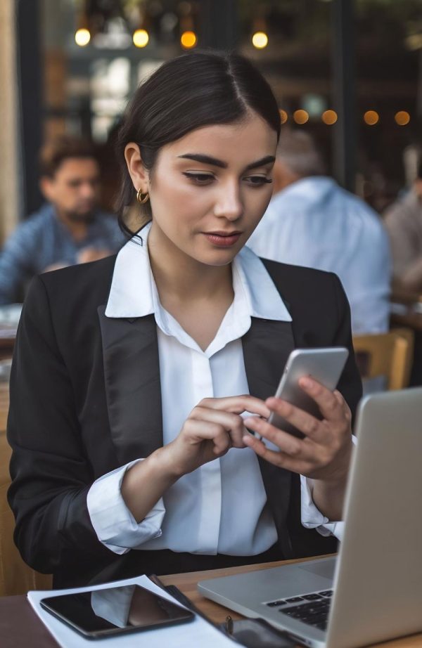 Business professional using a smartphone and laptop to manage enterprise SMS communication with SMS Software Solutions.