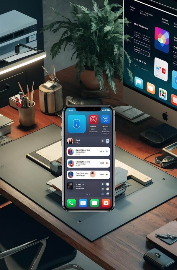 Smartphone displaying a business messaging application connected to a desktop dashboard, representing mobile messaging solutions by SMS Software Solutions.