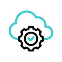 Cloud system integration icon with a gear and checkmark representing secure software integration services by SMS Software Solutions.